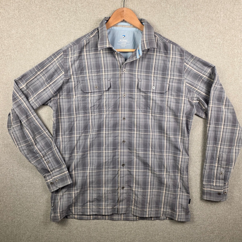 Kuhl Mens Gray Plaid Long Sleeve Button Down Hiking Shirt Style 7167 Large
